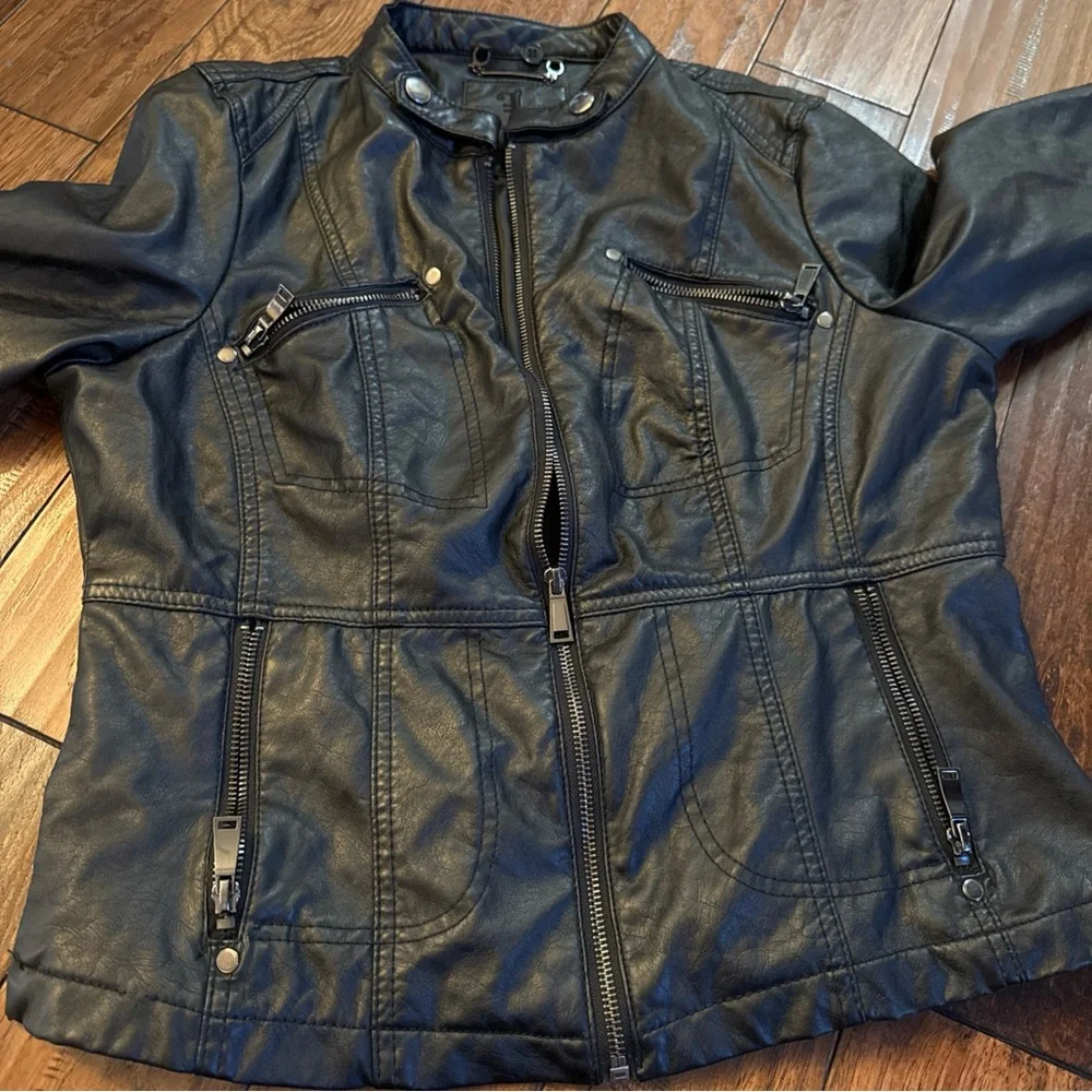 J2 Faux Leather Jacket Women Large Black‎ Moto Biker Zipper Long Sleeve Pockets